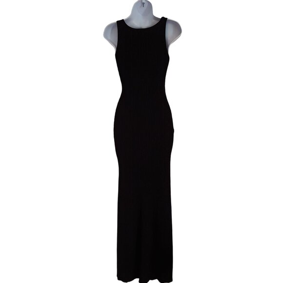 Allfenix Black Ribbed Low V-Neck Bodycon Goth Maxi Dress Small - Picture 2 of 10